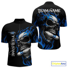 Load image into Gallery viewer, Custom Black and Blue Flame Skull Bowling Shirts For Men, Personalized Skull Team Bowling Jersey NQS10574