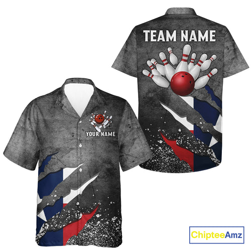 Gray Grunge Texas Flag Bowling Hawaiian Shirt Custom patriotic Team bowling button up shirt NQS10579