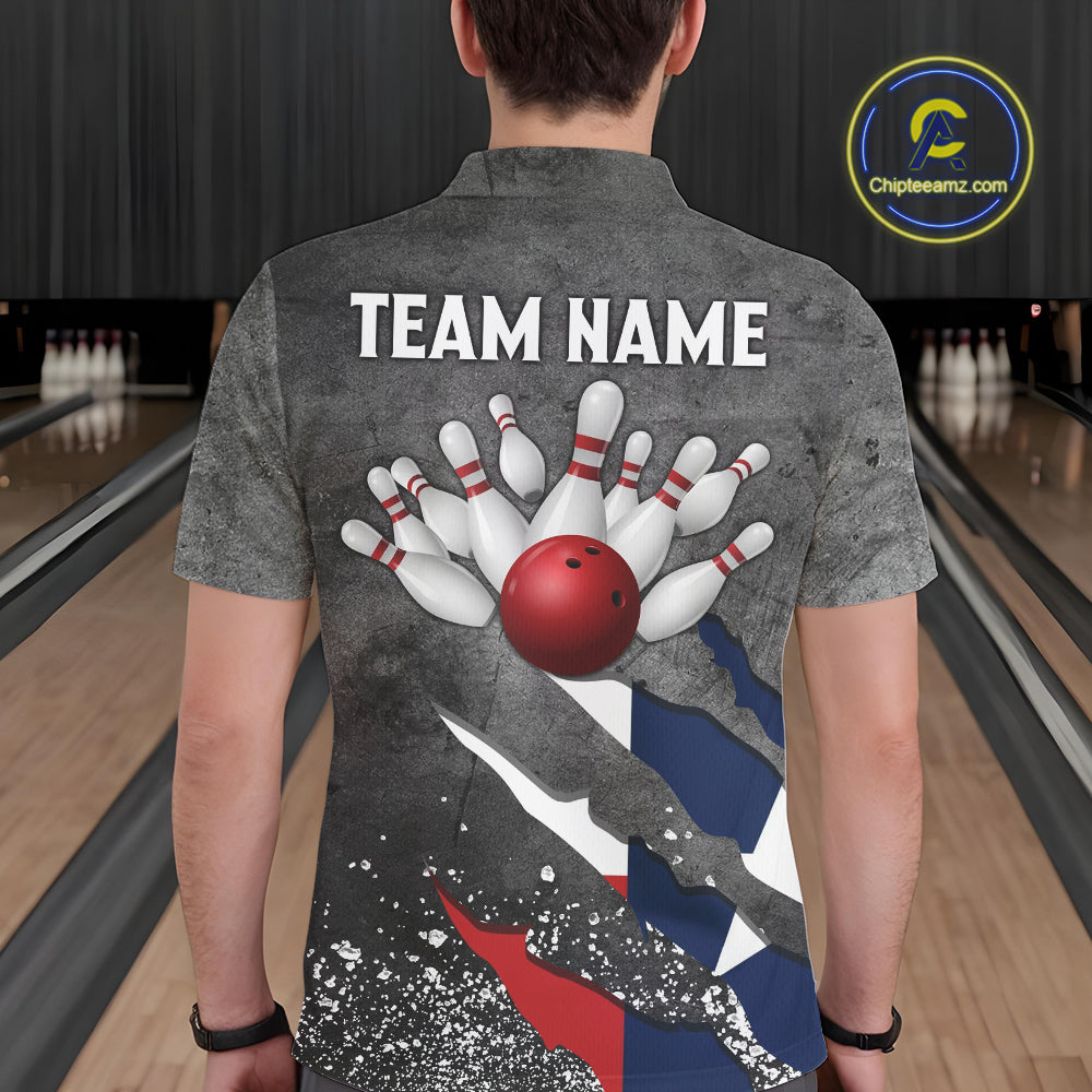 Gray Grunge Texas Flag Bowling Polo, Quarter Zip shirt for men Custom patriotic Team bowling jersey NQS10579