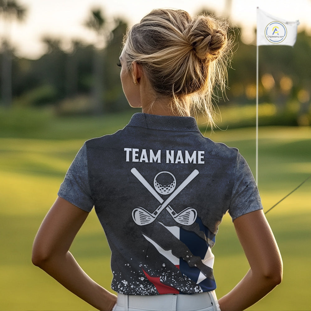 Gray Grunge Texas Flag Womens golf polo shirts Custom patriotic Golf attire for ladies NQS10580