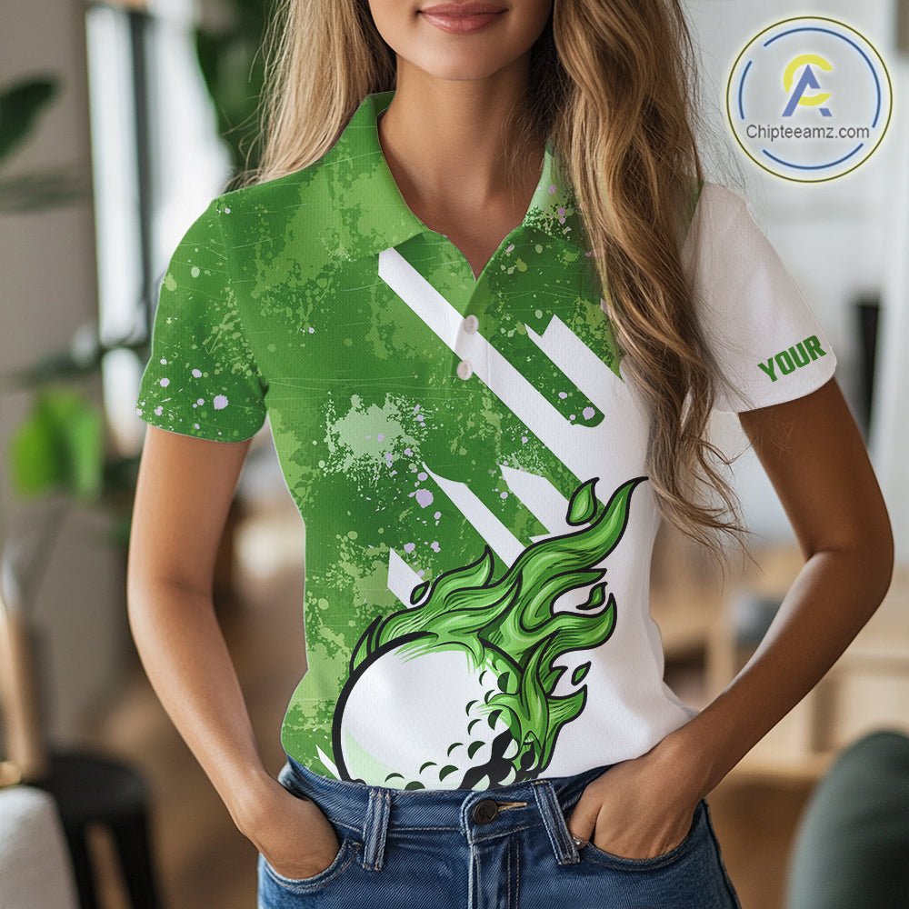 Green and white golf ball flame Women golf polo shirts custom team golf shirts, ladies golf clothing NQS10978