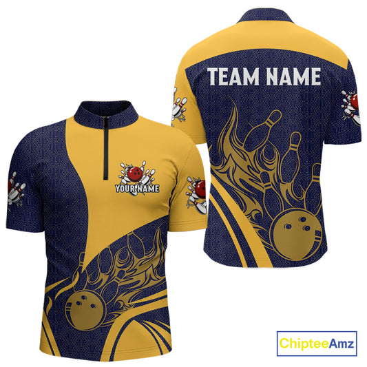 Blue and Yellow flame Bowling polo, 1/4 zip shirts for men custom Bowling team jerseys bowlers outfit NQS10983