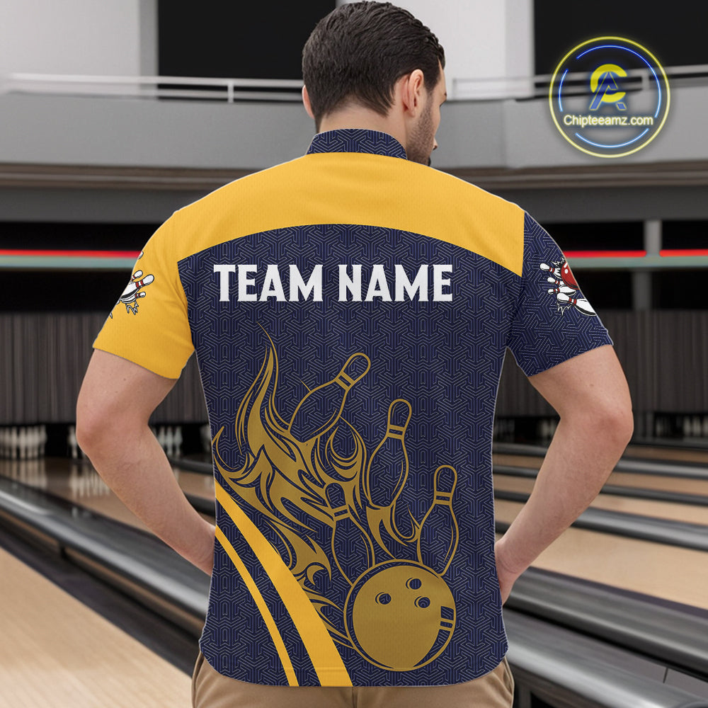Blue and Yellow flame Bowling polo, 1/4 zip shirts for men custom Bowling team jerseys bowlers outfit NQS10983