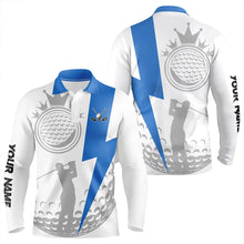 Load image into Gallery viewer, Blue and White Mens golf polo shirts custom golf attire for mens, unique mens golf apparel NQS9312