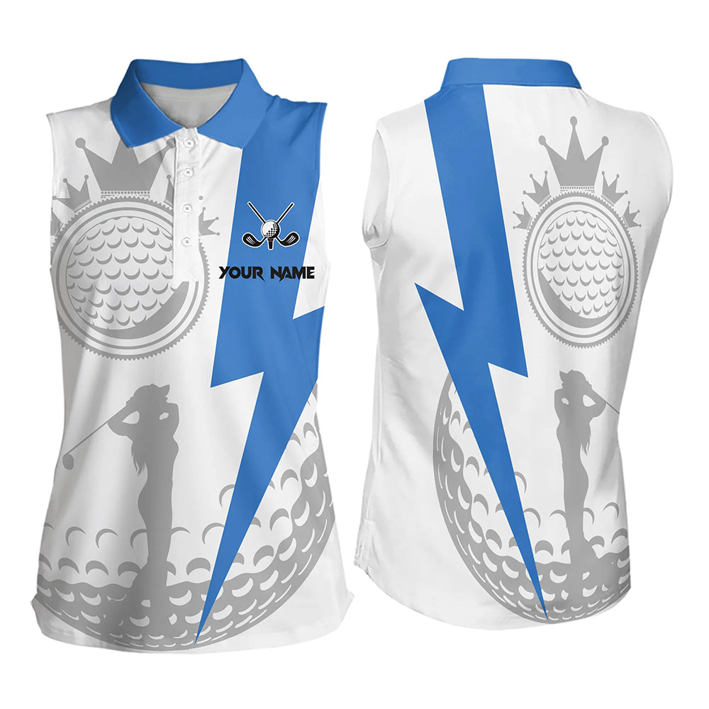 Blue and White Womens sleeveless golf polo shirt custom women golf attire, unique ladies golf apparel NQS9312