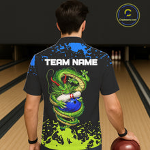 Load image into Gallery viewer, Personalized Black, Blue and Green Dragon Bowling button-up shirts, Dragon Bowling Team Shirts NQS11578