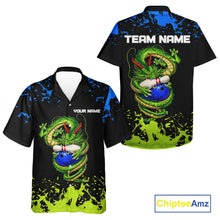 Load image into Gallery viewer, Personalized Black, Blue and Green Dragon Bowling button-up shirts, Dragon Bowling Team Shirts NQS11578