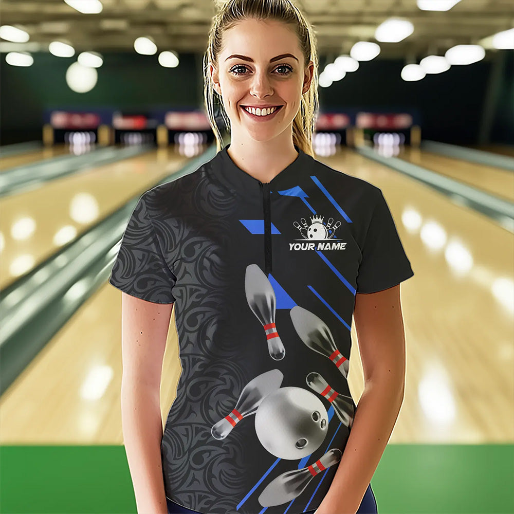 Silver Bowling Ball pins Team bowling shirts for women custom bowling Polo, Quarter zip jersey | Blue NQS9624