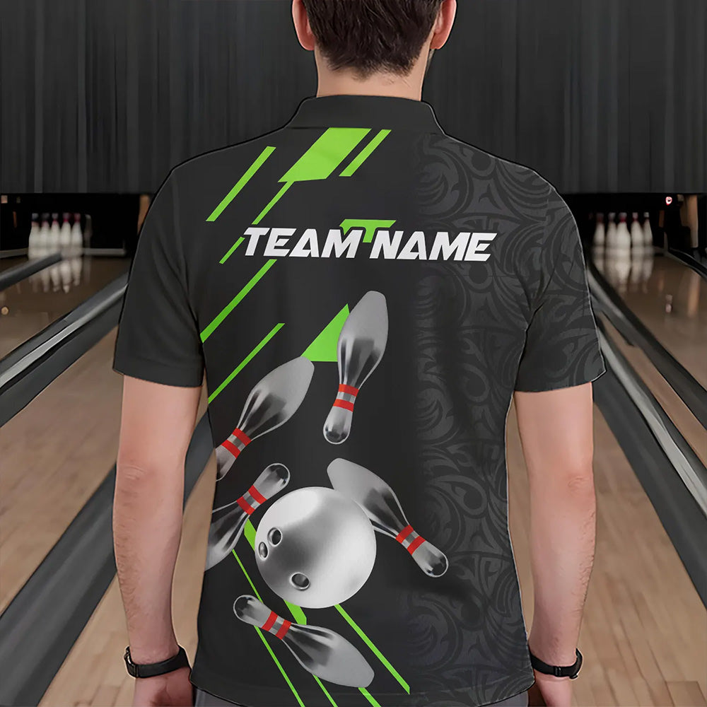 Silver Bowling Ball pins Team bowling shirts for Men custom bowling Polo, Quarter zip jersey | Green NQS9628