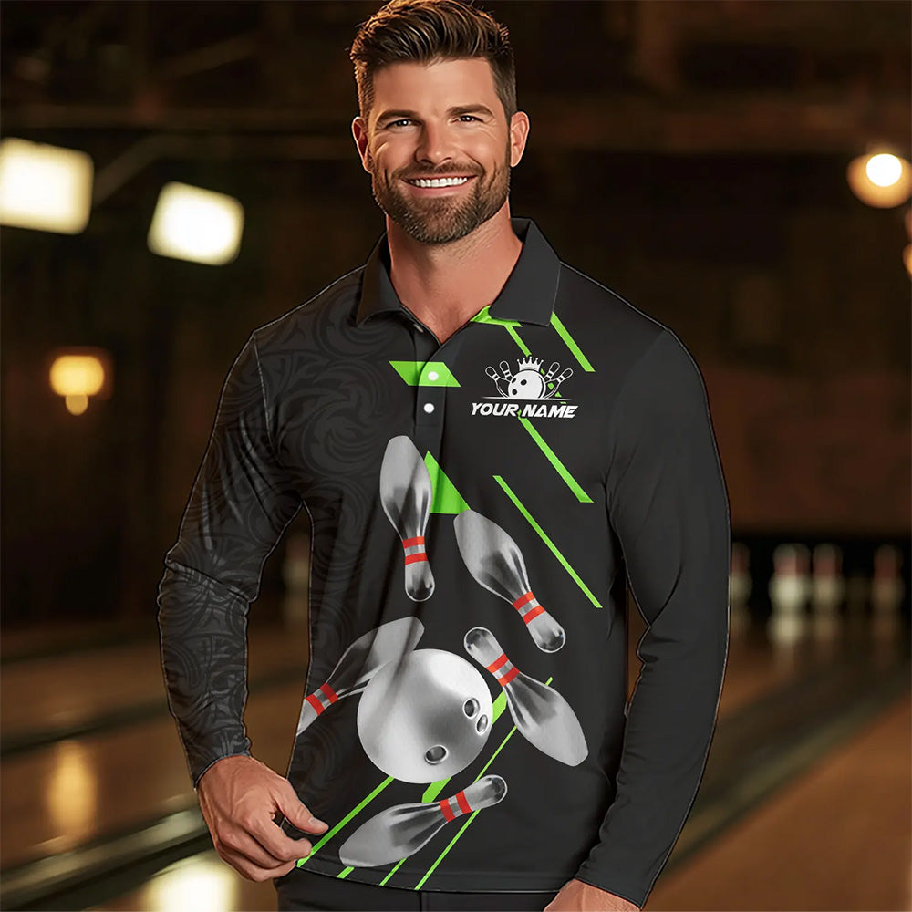 Silver Bowling Ball pins Team bowling shirts for Men custom bowling Polo, Quarter zip jersey | Green NQS9628