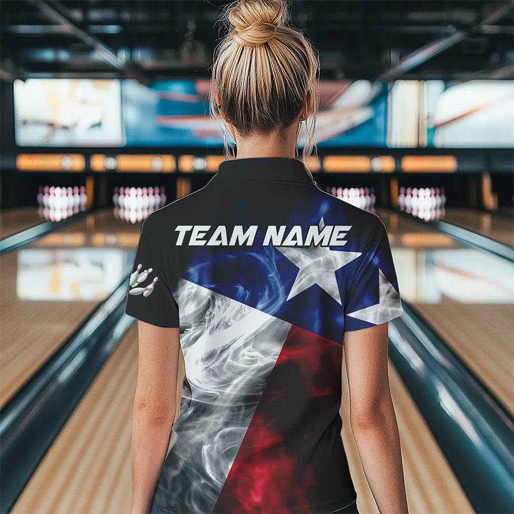 Smoke Texas Flag Black Women Bowling Polo, Quarter Zip shirt Custom patriotic Team bowling jersey NQS9631
