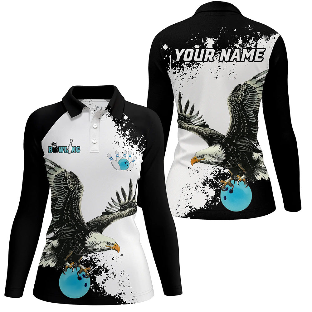 Black and white Women bowling polo shirts Custom Eagle Team bowling shirts, gift for bowlers | Blue NQS7404