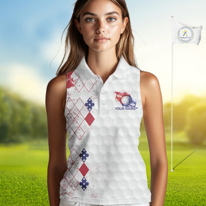 Red, White & Blue argyle American Flag Women sleeveless polo shirt custom golf apparel for ladies NQS9814
