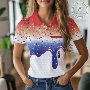 Red, white and blue dripping candy Women Golf polo shirts Custom funny Golf attire For Women NQS10058