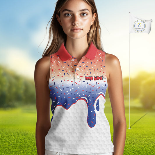 Red, white and blue dripping candy Women Sleeveless polos shirt Custom funny Golf attire For Women NQS10058