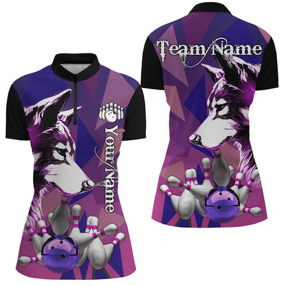 Purple Wolf Bowling Polo, Quarter Zip Shirts For Women Custom Bowling Team League Jersey Bowler Outfit NQS8403