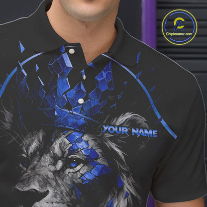 Custom Black and Blue Lion Bowling Polo, Quarter Zip shirts for Men, Lion Team Bowling Jerseys NQS10585