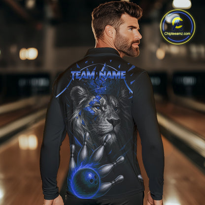 Custom Black and Blue Lion Bowling Polo, Quarter Zip shirts for Men, Lion Team Bowling Jerseys NQS10585