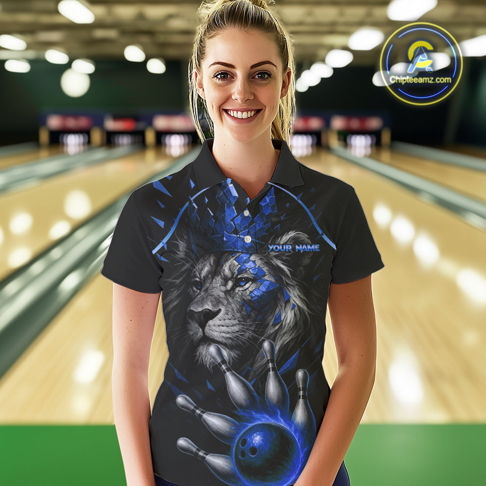 Custom Black and Blue Lion Bowling Polo, Quarter Zip shirts for Women, Lion Team Bowling Jerseys NQS10585