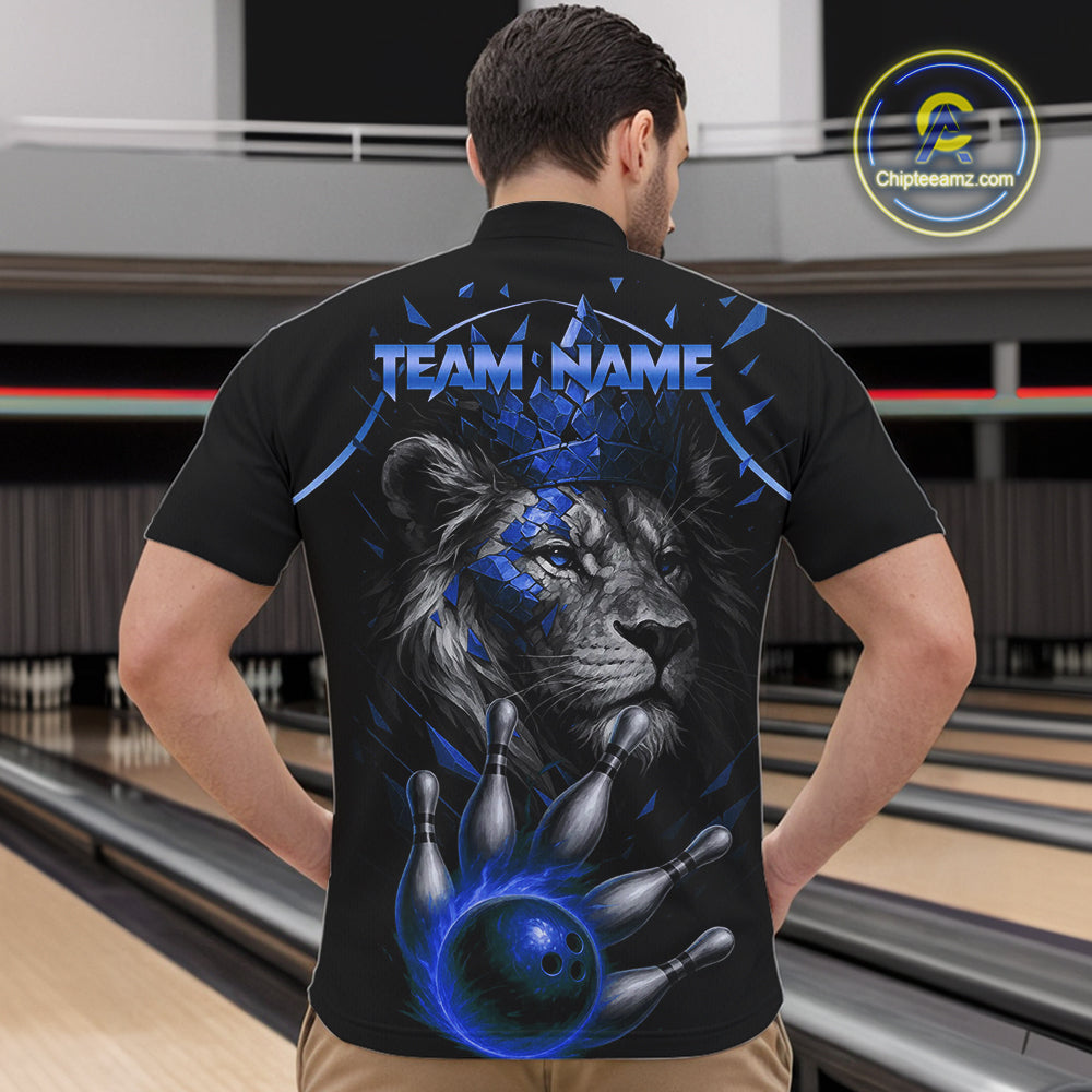 Custom Black and Blue Lion Bowling Polo, Quarter Zip shirts for Men, Lion Team Bowling Jerseys NQS10585