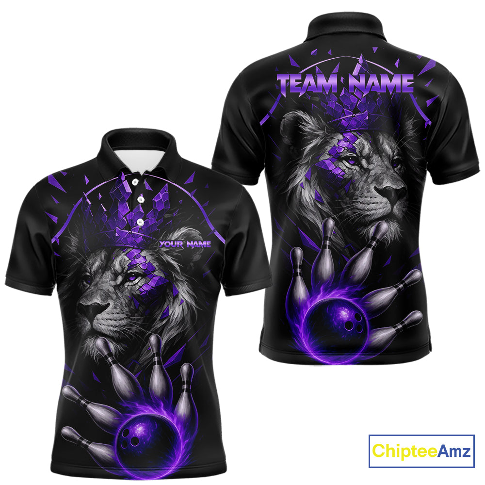 Custom Black and Purple Lion Bowling Polo, Quarter Zip shirts for Men, Lion Team Bowling Jerseys NQS10586