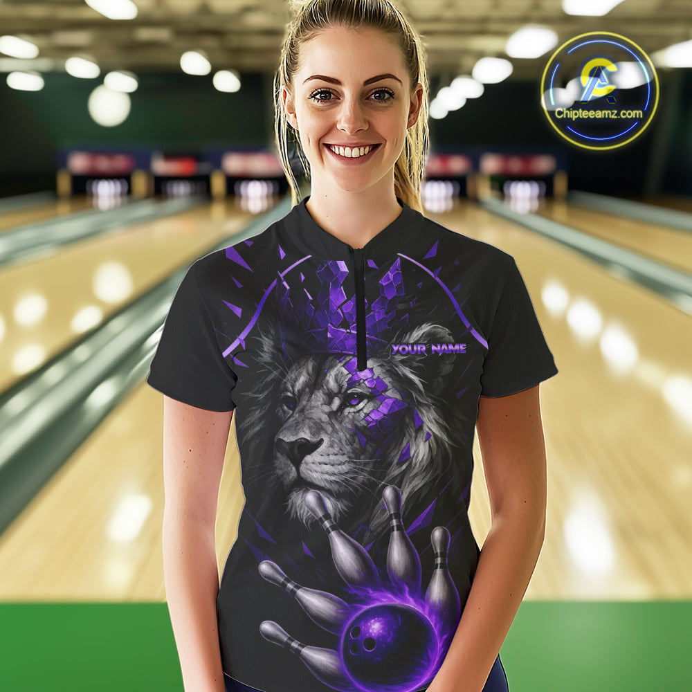 Custom Black and Purple Lion Bowling Polo, Quarter Zip shirts for Women, Lion Team Bowling Jerseys NQS10586