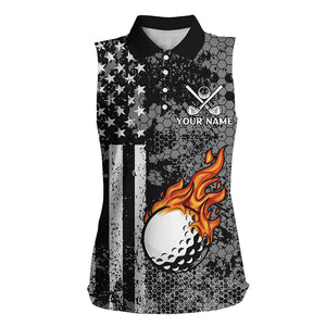 Black and White American Flag Flame Womens Sleeveless Polo Shirts Custom Patriotic Ladies Golf Tops NQS9109