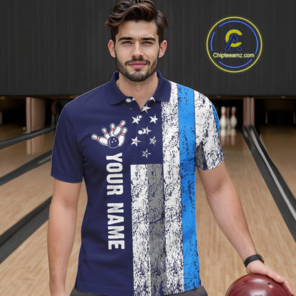 Blue Grunge American Flag Bowling Shirts For Men Custom patriotic Bowling Team League Jerseys NQS11176