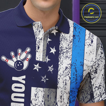 Blue Grunge American Flag Bowling Shirts For Men Custom patriotic Bowling Team League Jerseys NQS11176