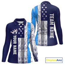 Load image into Gallery viewer, Blue Grunge American Flag Bowling Shirts For Women Custom patriotic Bowling Team League Jerseys NQS11176