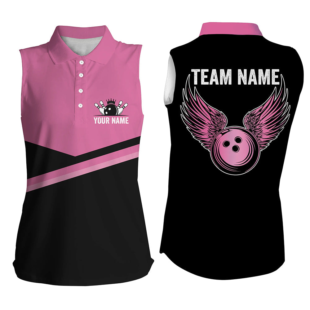 Black and pink Women sleeveless polo shirts Custom Team bowling jerseys, gift for bowlers NQS7407