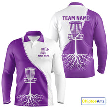 Load image into Gallery viewer, White and Purple Mens Disc golf polo shirts Custom name disc golf clothing for team NQS10068