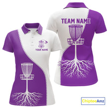 Load image into Gallery viewer, White and Purple Womens Disc golf polo shirts Custom name disc golf clothing for team NQS10068