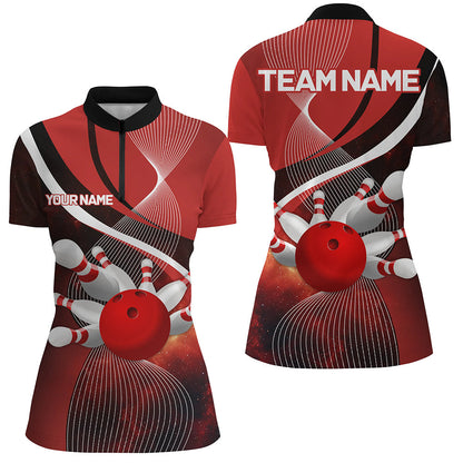 Red Galaxy Women Bowling Polo, Quarter zip Shirts Custom Bowling Team League Jerseys, Gift for bowlers NQS8415
