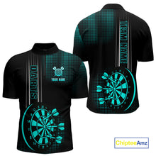 Load image into Gallery viewer, Personalized Black and Turquoise Darts Polo, Quarter Zip Shirt For Men Custom Dart Outfit Team Jersey NQS10595
