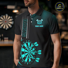 Load image into Gallery viewer, Personalized Black and Turquoise Darts Polo, Quarter Zip Shirt For Men Custom Dart Outfit Team Jersey NQS10595