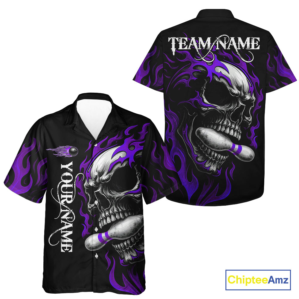 Custom Black and Purple Flame Skull Bowling Hawaiian Shirt, Personalized Skull Team Bowling Jersey NQS10794