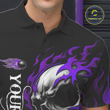 Load image into Gallery viewer, Custom Black and Purple Flame Skull Bowling Shirts For Men, Personalized Skull Team Bowling Jersey NQS10794