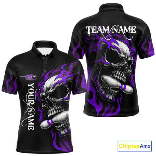 Custom Black and Purple Flame Skull Bowling Shirts For Men, Personalized Skull Team Bowling Jersey NQS10794