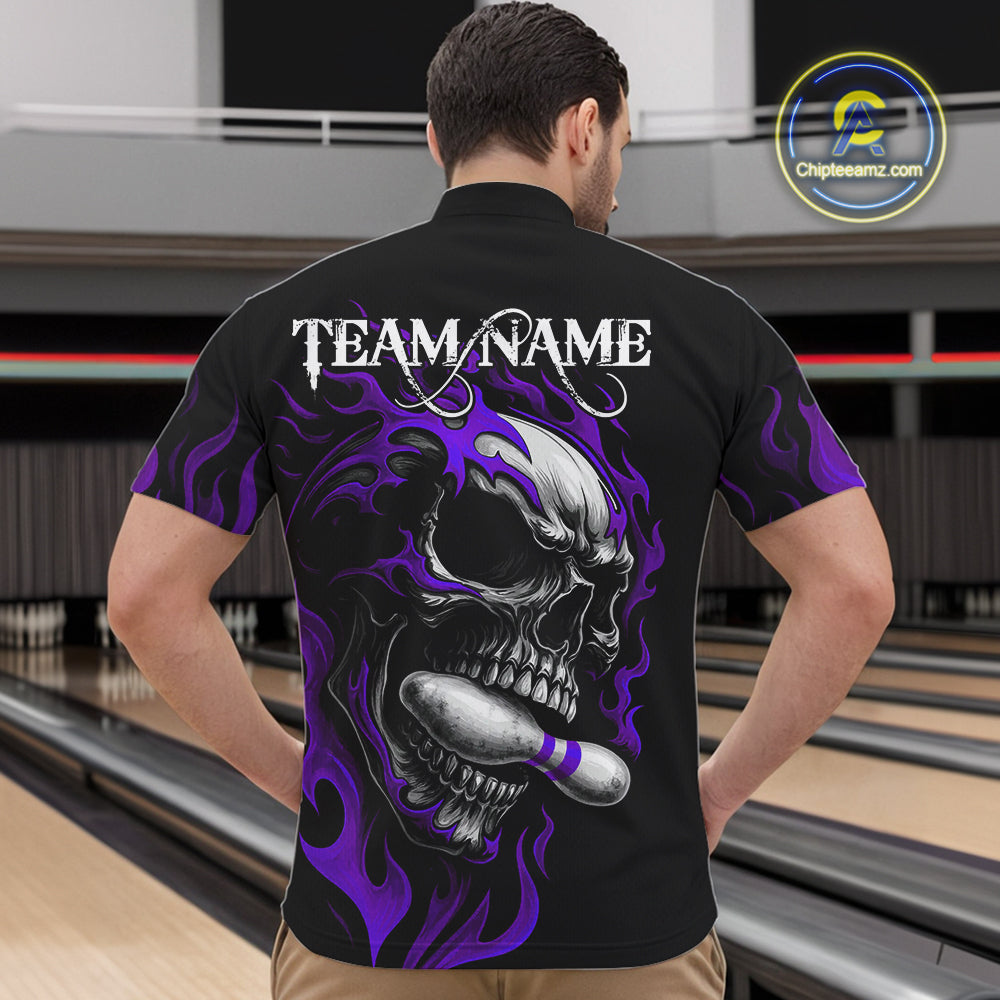 Custom Black and Purple Flame Skull Bowling Shirts For Men, Personalized Skull Team Bowling Jersey NQS10794