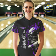 Load image into Gallery viewer, Custom Black and Purple Flame Skull Bowling Shirts For Women, Personalized Skull Team Bowling Jersey NQS10794