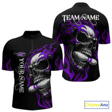 Load image into Gallery viewer, Custom Black and Purple Flame Skull Bowling Shirts For Men, Personalized Skull Team Bowling Jersey NQS10794