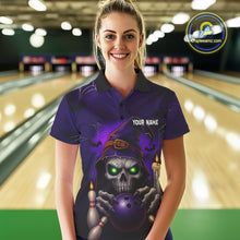 Load image into Gallery viewer, Custom Purple Skull Halloween Bowling Polo, Quarter Zip Shirts For Women, Skull Team Bowling Jersey NQS10803