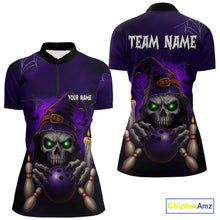 Load image into Gallery viewer, Custom Purple Skull Halloween Bowling Polo, Quarter Zip Shirts For Women, Skull Team Bowling Jersey NQS10803