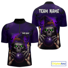 Load image into Gallery viewer, Custom Purple Skull Halloween Bowling Polo, Quarter Zip Shirts For Men, Skull Team Bowling Jersey NQS10803