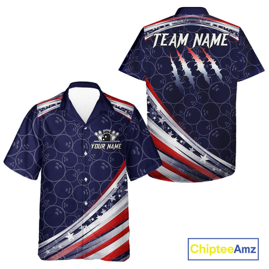 American Flag Camo Bowling Button-up Shirt Custom patriotic Bowling Team Hawaiian shirts | Navy NQS11180