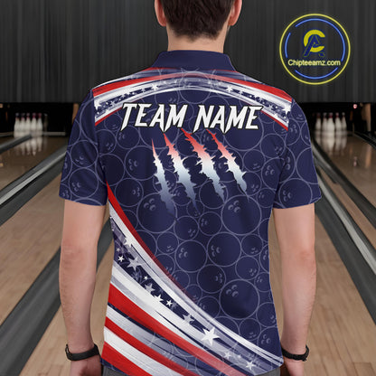 American Flag Camo Bowling Shirts For Men Custom patriotic Bowling Team Polo, 1/4 zip Jerseys | Navy NQS11180