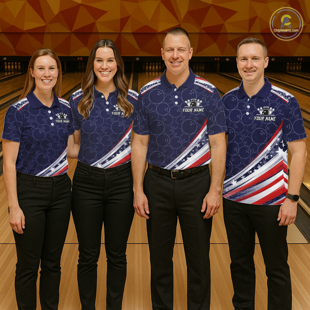 American Flag Camo Bowling Shirts For Men Custom patriotic Bowling Team Polo, 1/4 zip Jerseys | Navy NQS11180