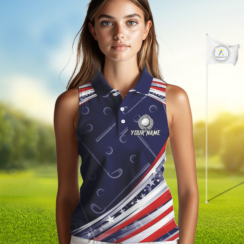 American Flag Camo Sleeveless Polo Golf Shirt Custom patriotic ladies golf shirt, golfer gifts | Navy NQS11181