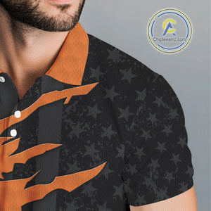 Personalized Mens golf polo shirts custom orange golf ball skin black American flag mens golf apparel NQS10070